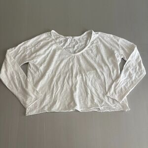 MANGO Casual White Long Sleeve V-Neck T-Shirt Top M 100% Cotton Raw‎ Hem